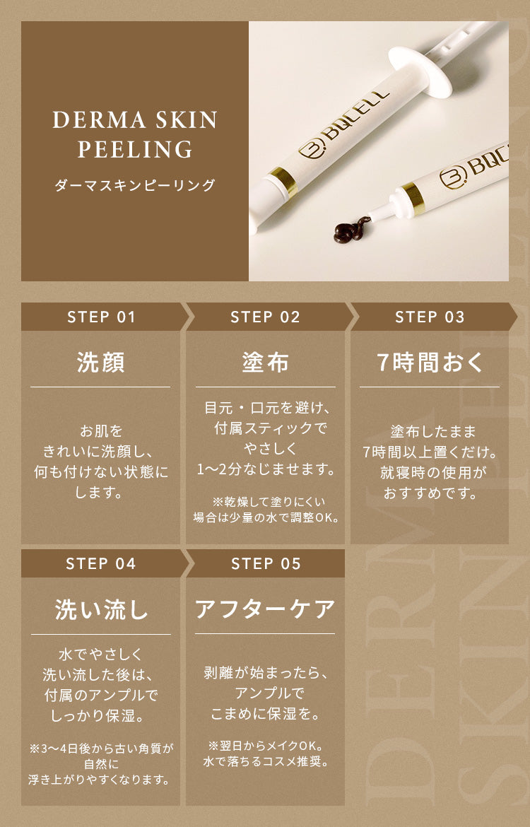 
                【BQCELL ダーマスキンピーリング】
                STEP 1：洗顔
                お肌をきれいに洗顔し、何も付けない状態にします。
                ↓
                STEP 2：塗布
                目元・口元を避け、付属スティックでやさしく1〜2分なじませます。 
                ※乾燥して塗りにくい場合は少量の水で調整OK。
                ↓
                STEP 3：7時間おく
                塗布したまま7時間以上置くだけ。就寝時の使用がおすすめです。
                ↓
                STEP 4：洗い流し
                水でやさしく洗い流した後は、付属のアンプルでしっかり保湿。 
                ※3〜4日後から古い角質が自然に浮き上がりやすくなります。
                ↓
                STEP 5：アフターケア
                剥離が始まったら、アンプルでこまめに保湿を。 
                ※翌日からメイクOK。水で落ちるコスメ推奨。
                